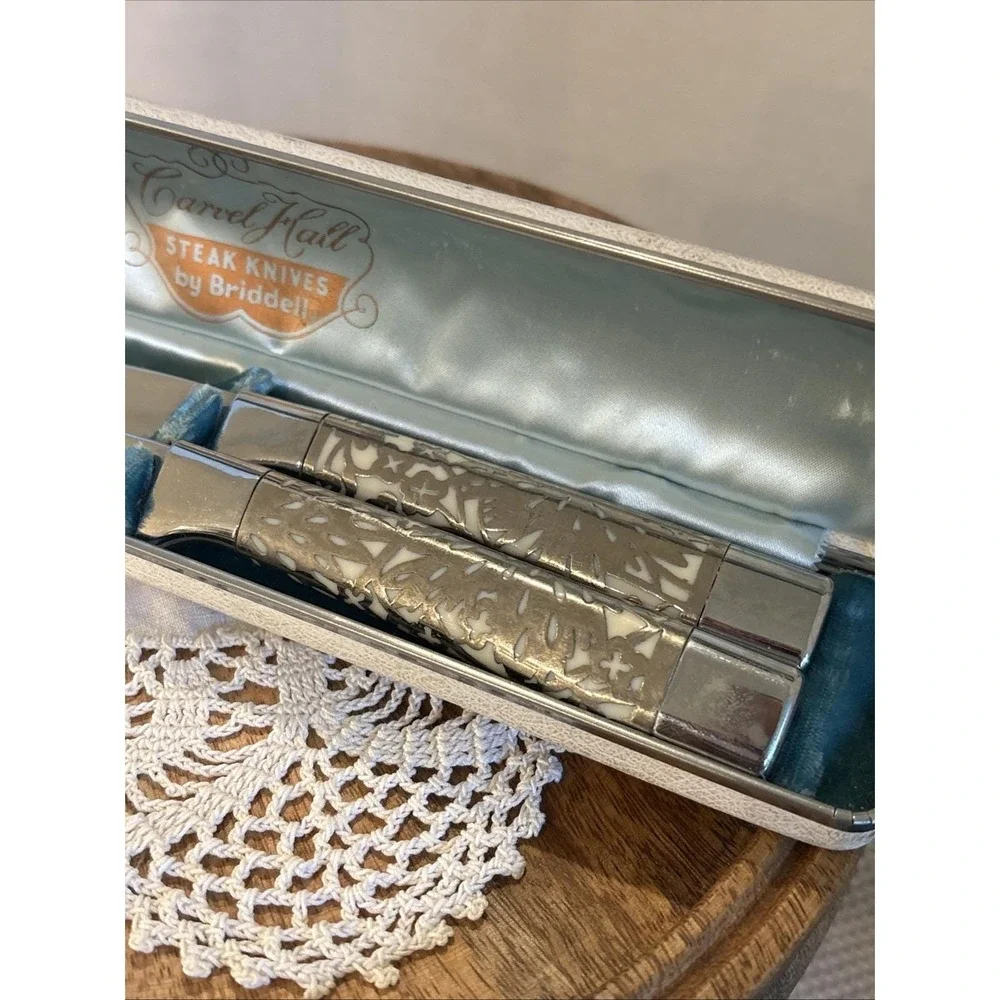 VTG Carvel Hall Steak Knives Set Briddell Silver Overlay Ivory Lustrex Handle